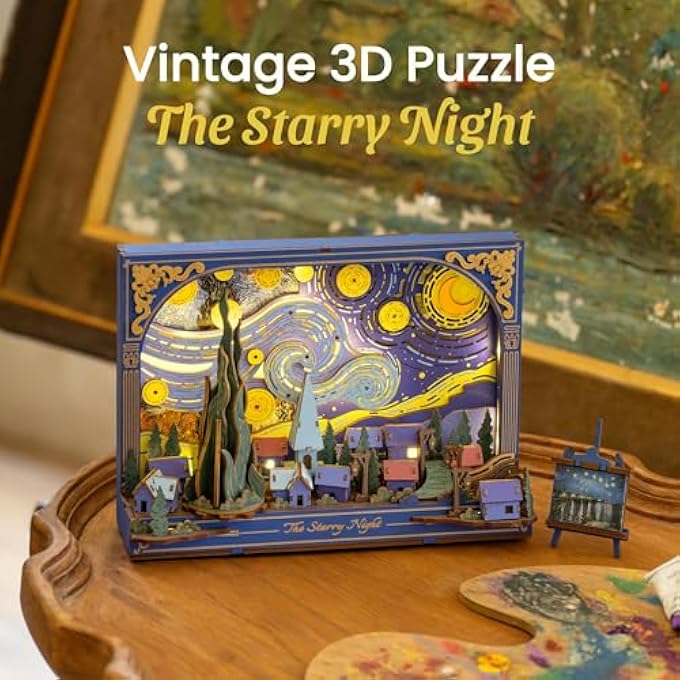 3D PUZZLE STARRY NIGHT, WOODEN FLOWER MODEL KIT, HANGABLE WALL ART DECOR, DIY CONSTRUCTION SET - Image 2